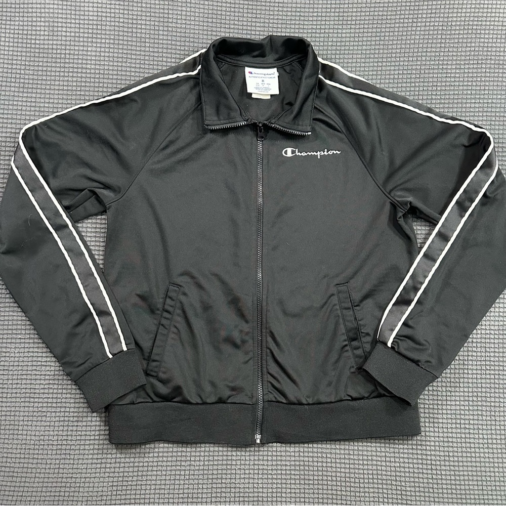 Champion Track Jacket Black Full Zip Athletic Stripe Medium
